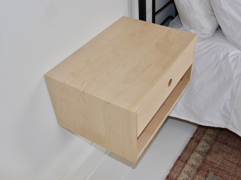 Floating Nightstand with Drawer in Solid Maple, Scandinavian Modern Bedside Table image 4