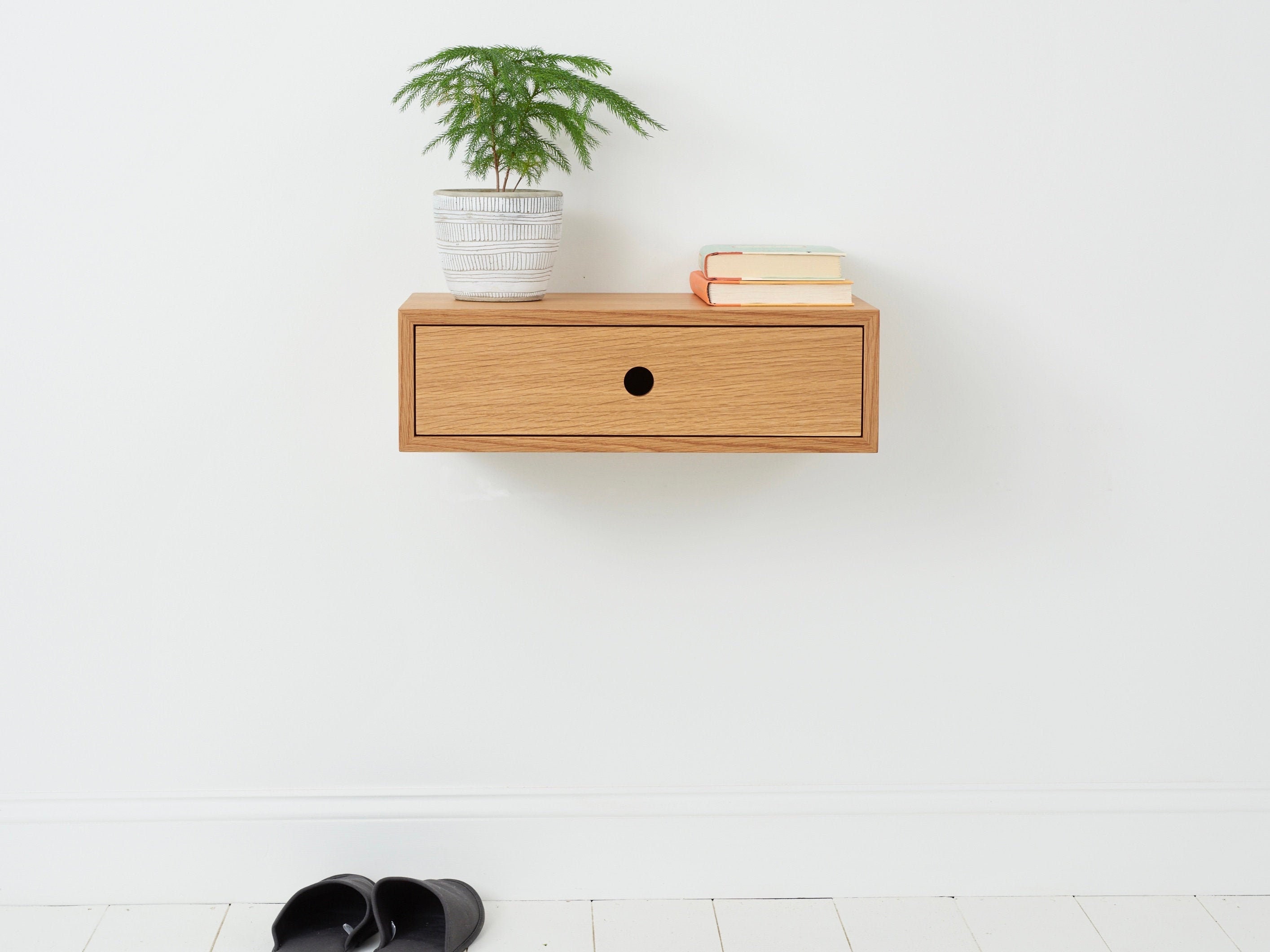 Table de Chevet Moderne Flottante avec Tiroir Milieu Du Siècle Table en Chêne Massif Blanc Scandinav