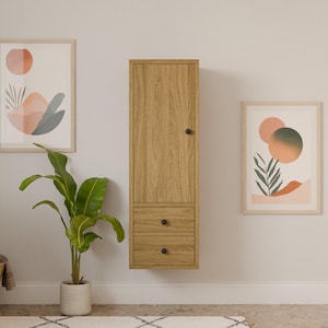 White Oak Bathroom Linen Storage Cabinet with Drawers