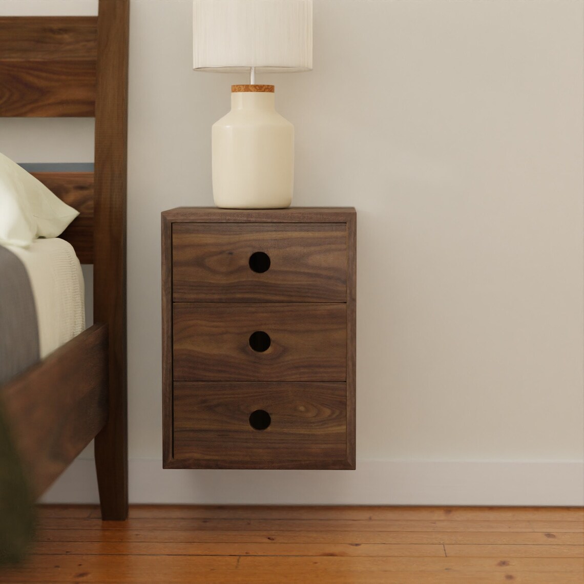 Walnut Floating Nightstand With Drawers Narrow and Tall Etsy