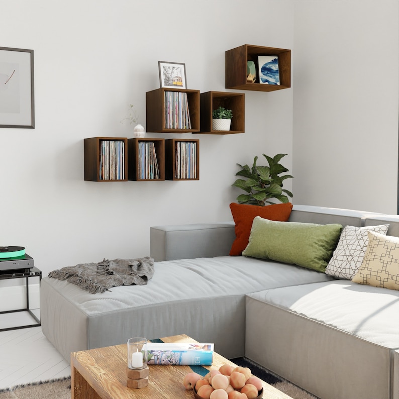 May include: A living room with a gray sectional sofa, a wooden coffee table, and a wall with brown wooden cube shelves. The shelves are filled with books and decorative items. There is a plant in a white pot on the shelf.