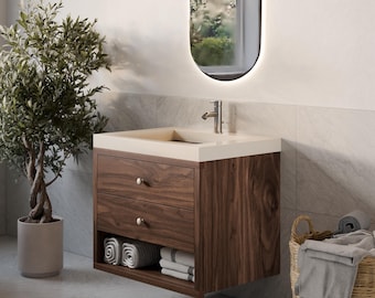 Vanity Cabinet with Two Drawers/ Open Shelf in Walnut, Bathroom