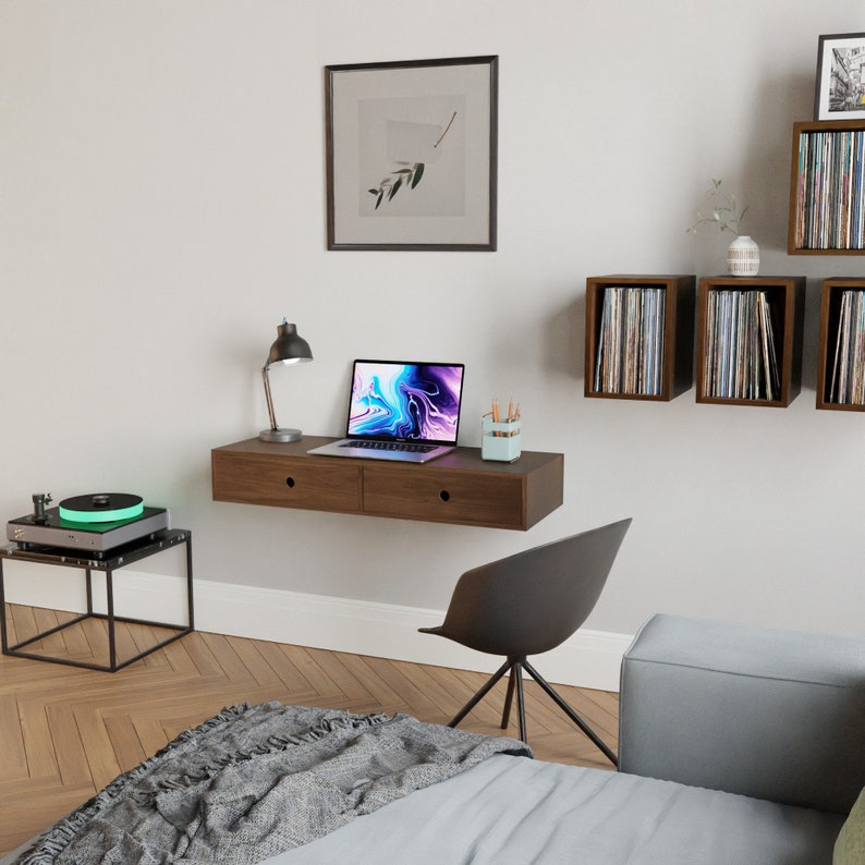 Floating Desk in Solid Walnut, Wall Mounted Mid-Century Modern Standing Desk image 4