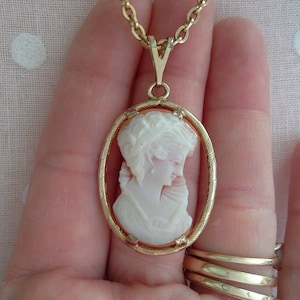 Vintage Cameo Necklace, Gold Filled Carved Shell Pendant, Gold Tone Chain, Bal Ron Jewelry