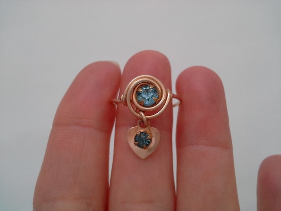 Vintage Heart Ring, Gold Filled Wire Work, Aqua C… - image 9