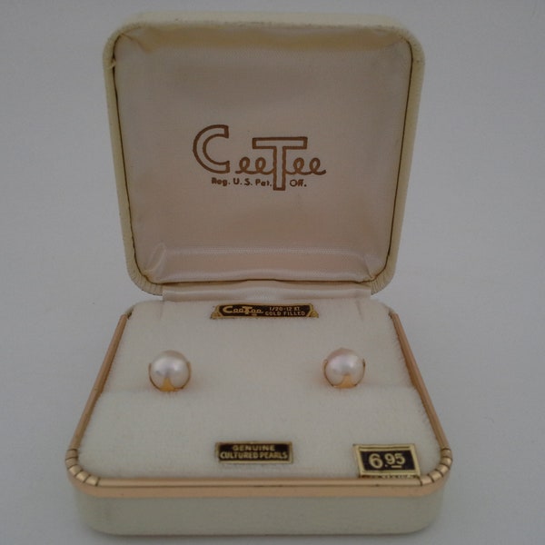 Vintage Cultured Pearl Gold Filled Screw Back Earrings, Original Presentation Box, Cee Tee Jewelry Co, Cheever Tweedy & Company
