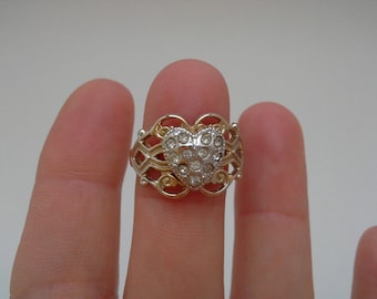 Vintage Heart Ring, Gold Filled Filigree and Rhinestones, Size 5, ESPO Jewelry