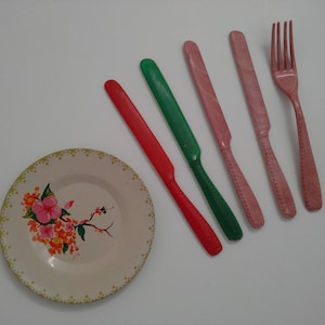 Vintage Toy Dishes, Floral Tin Litho Play Saucer or Plate, Colorful Plastic Toy Utensils