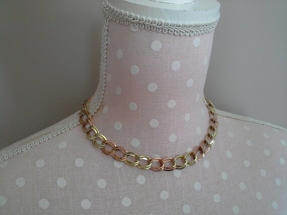 Vintage Chunky Chain Necklace, Yellow and Rose Go… - image 4