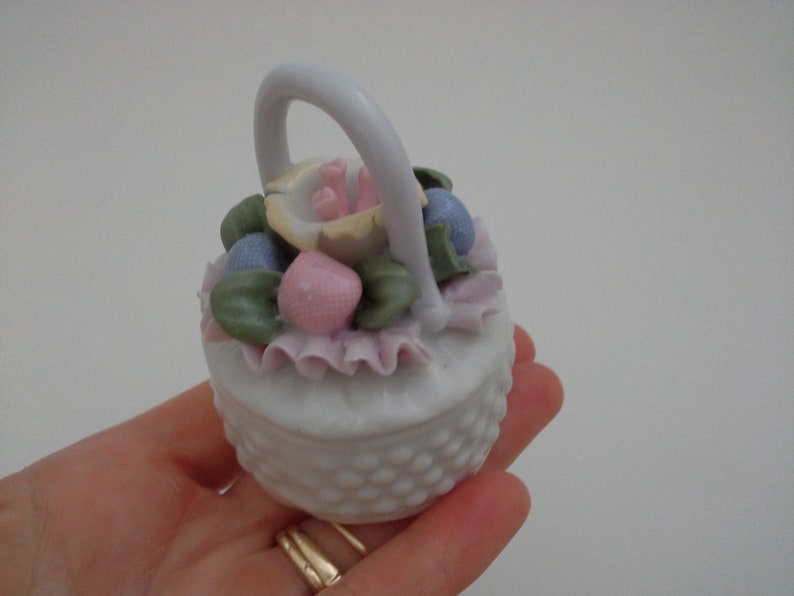 Vintage Porcelain Trinket Box, Flower Basket, Small Ceramic Ring Box