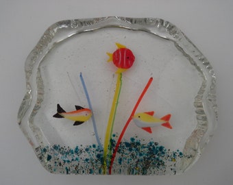 Vintage Fish Aquarium Paperweight, Murano Style Mid Century Glass Tropical Decor, Blown Glass Figurine