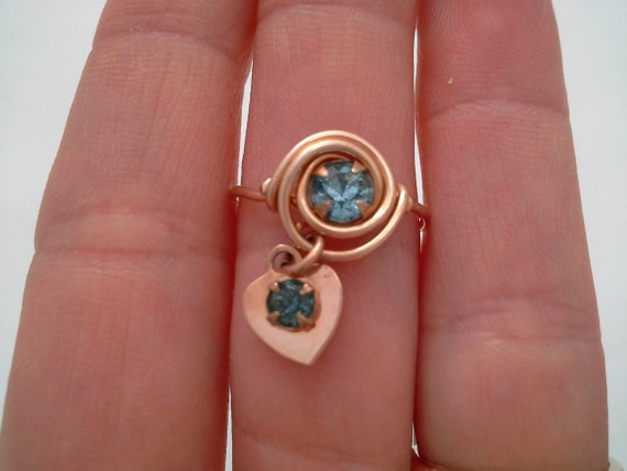 Vintage Heart Ring, Gold Filled Wire Work, Aqua C… - image 7