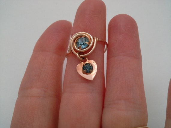 Vintage Heart Ring, Gold Filled Wire Work, Aqua C… - image 2