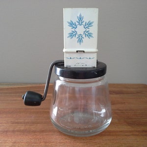 Vintage Androck Manual Spice or Nut Grinder, Herb Mill, Tin Litho Snowflake Design, Blue White Kitchen Decor