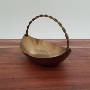Vintage Brass Basket Trinket Dish, Twisted Braided Handle