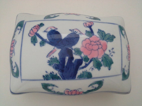 Fine Art Flowers Birds 9x5cm, Sugar Bowl Medium Ceramic Lidded Pot Dish VINTAGE CERAMIC Asian Floral Bird Lidded POT Trinket Dish