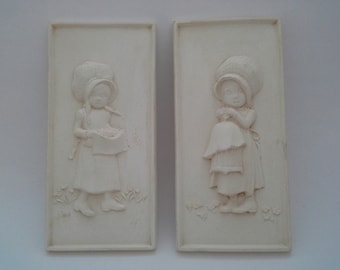 Vintage Prairie Girls Wall Art Plaques, 1970's Moss Landing Unpainted, Bonnet Child Farmhouse Country Room