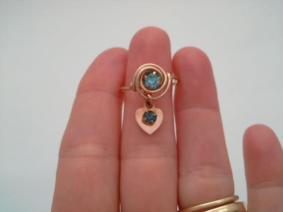 Vintage Heart Ring, Gold Filled Wire Work, Aqua C… - image 1