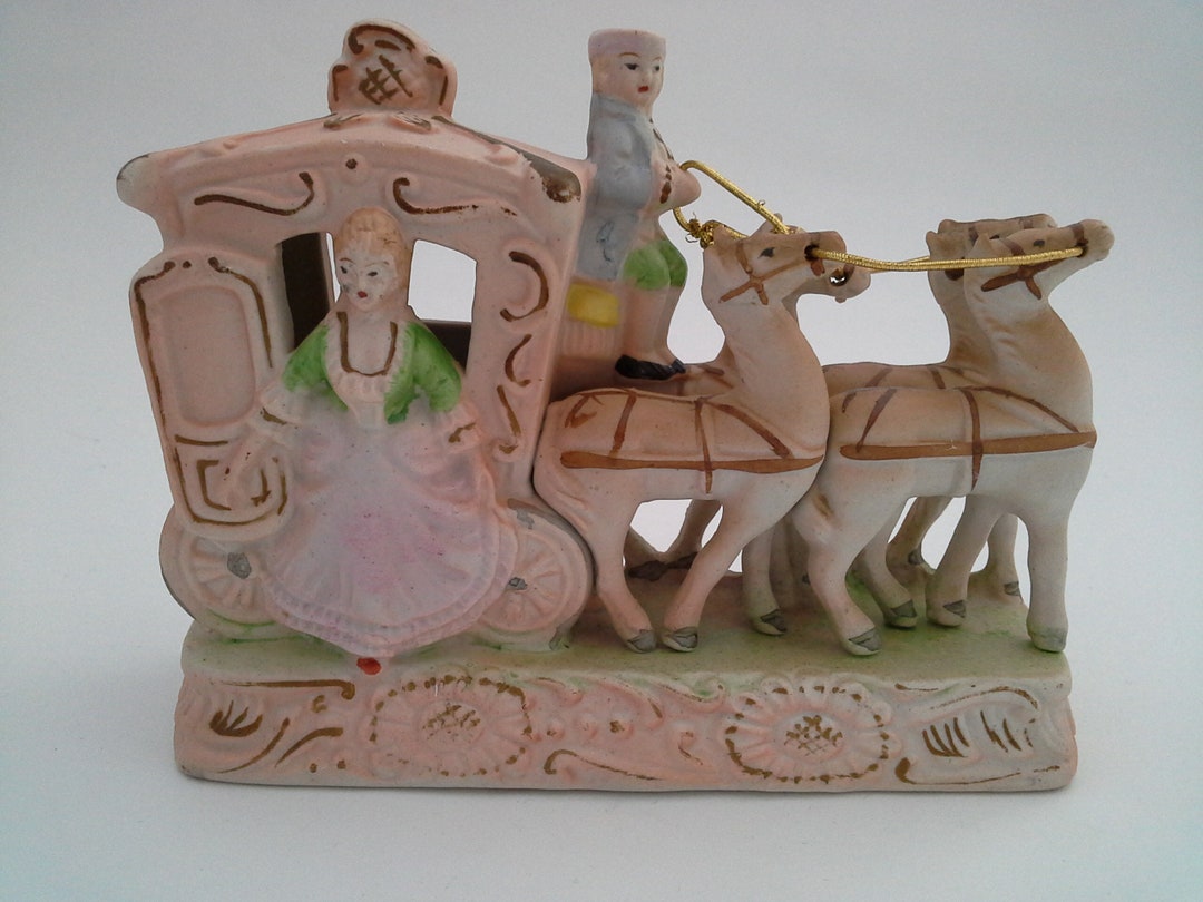 Vintage Horse and Carriage Porcelain Figurine, Mid Century Pink Japan Bisque Colonial Figure