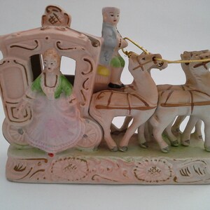 Vintage Horse and Carriage Porcelain Figurine, Mid Century Pink Japan Bisque Colonial Figure, Stage Coach, Kitschy Decor, Fairy Tale image 1