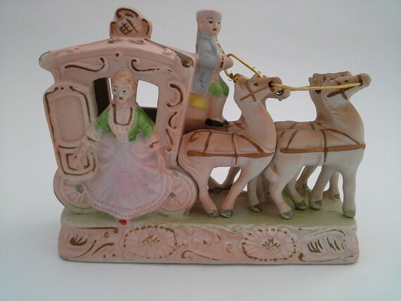 Vintage Horse and Carriage Porcelain Figurine, Mid Century Pink Japan Bisque Colonial Figure, Stage Coach, Kitschy Decor, Fairy Tale