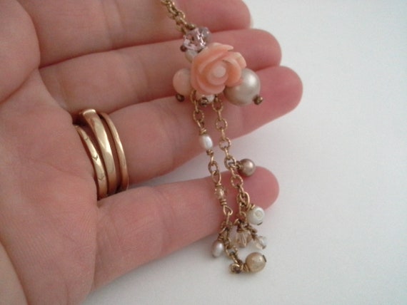 Vintage Coral Pearl Gold Filled Chain Tassel Neck… - image 9