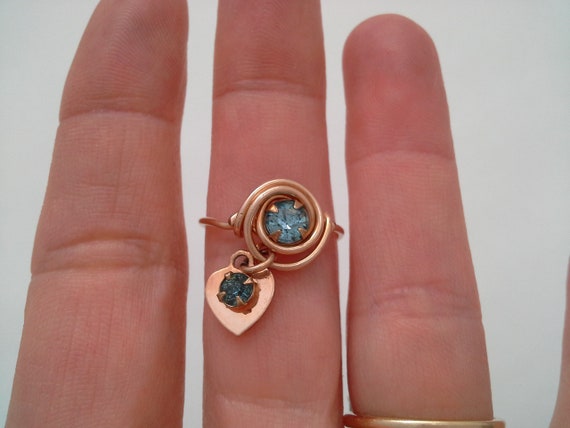 Vintage Heart Ring, Gold Filled Wire Work, Aqua C… - image 8