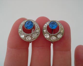 Vintage Art Deco Blue Rhinestone Screw Back Earrings, Brier Mfg Little Nemo Jewelry, Silver Tone Screwbacks