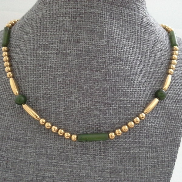 Vintage Gold Filled Ball Bead and Jade Necklace, B A Ballou Jewelry, Chain Strung, B.A.B.