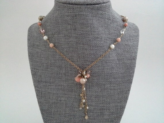 Vintage Coral Pearl Gold Filled Chain Tassel Neck… - image 1