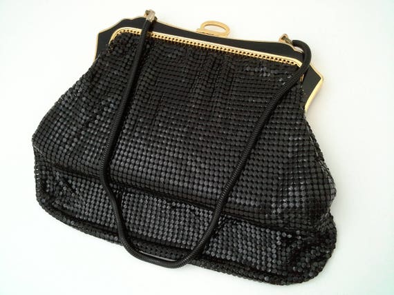 Vintage Black Metal Mesh Purse Glomesh Miriam Bag Enamel Frame Gold Trim Etsy