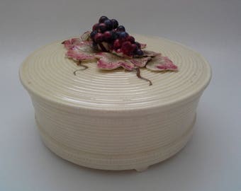 Vintage Large Trinket Box, Japan Mark Ceramic Lidded Pottery Dish, Grape Leaf Design, Fruit Decor