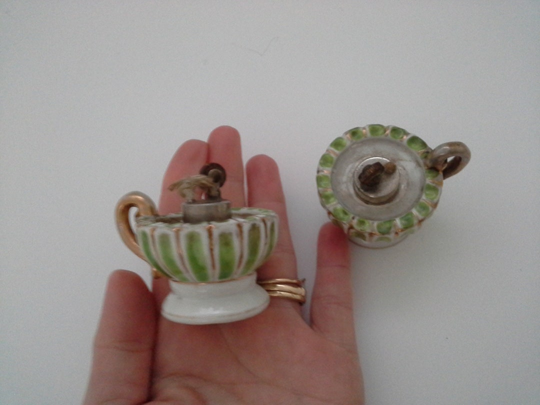 Vintage Pair Miniature Ceramic Oil Lamps Green Striped Made Etsy