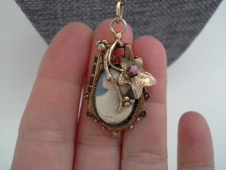 Grape Leaf Design Pendant Wedding Jewelry Pink Stone Something Blue Vintage Blue Cameo Necklace