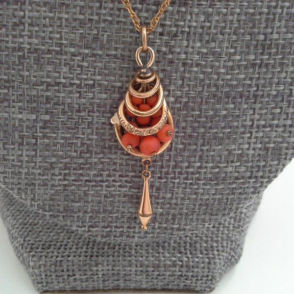 Antique Coral Gold Filled Lavalier Pendant Necklace, Edwardian Jewelry