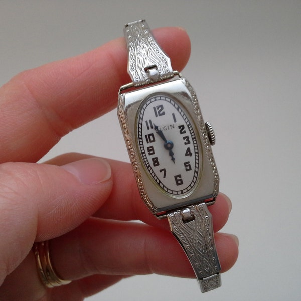 Vintage Ladies Elgin Watch, Working Elgin, Running Watch, White Gold Filled Watch, White Gold Watch, Art Deco Watch,Superior Watch Band