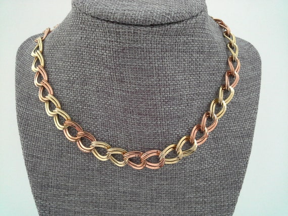 Vintage Chunky Chain Necklace, Yellow and Rose Go… - image 1