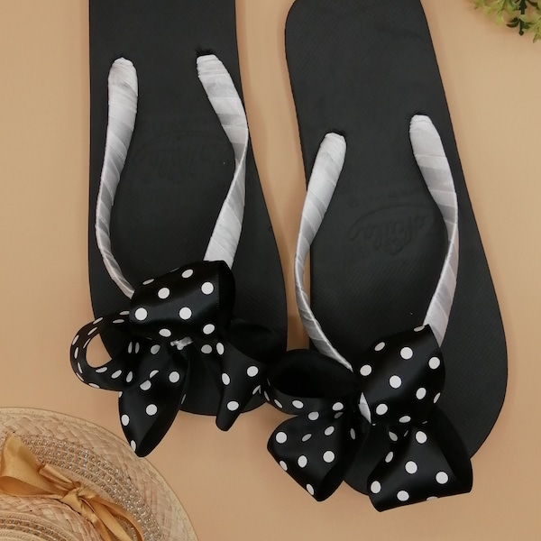 Black Flip-Flops with Handmade Polka Dot Bow and White Strap Decoration - Beachwear - Bow Flip Flops- Summer Footwear