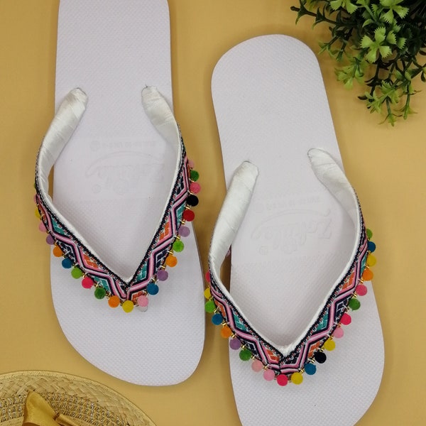 Colourful Bride Bohemian Flip-Flops Sandals Thongs - Hand Decorated - Beachwear - Girls Flip Flops