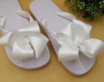 White Bride To Be  Flip-Flops Hand Decorated With White Satin Ribbon Bow and Straps - Beachwear - Holiday Outfit - Summer Footwear