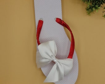 Ladies Bow Flip-Flops with Hand Decorated Satin Ribbon Design - Various Strap Colours - Beachwear - Holiday Outfit - Summer Footwear