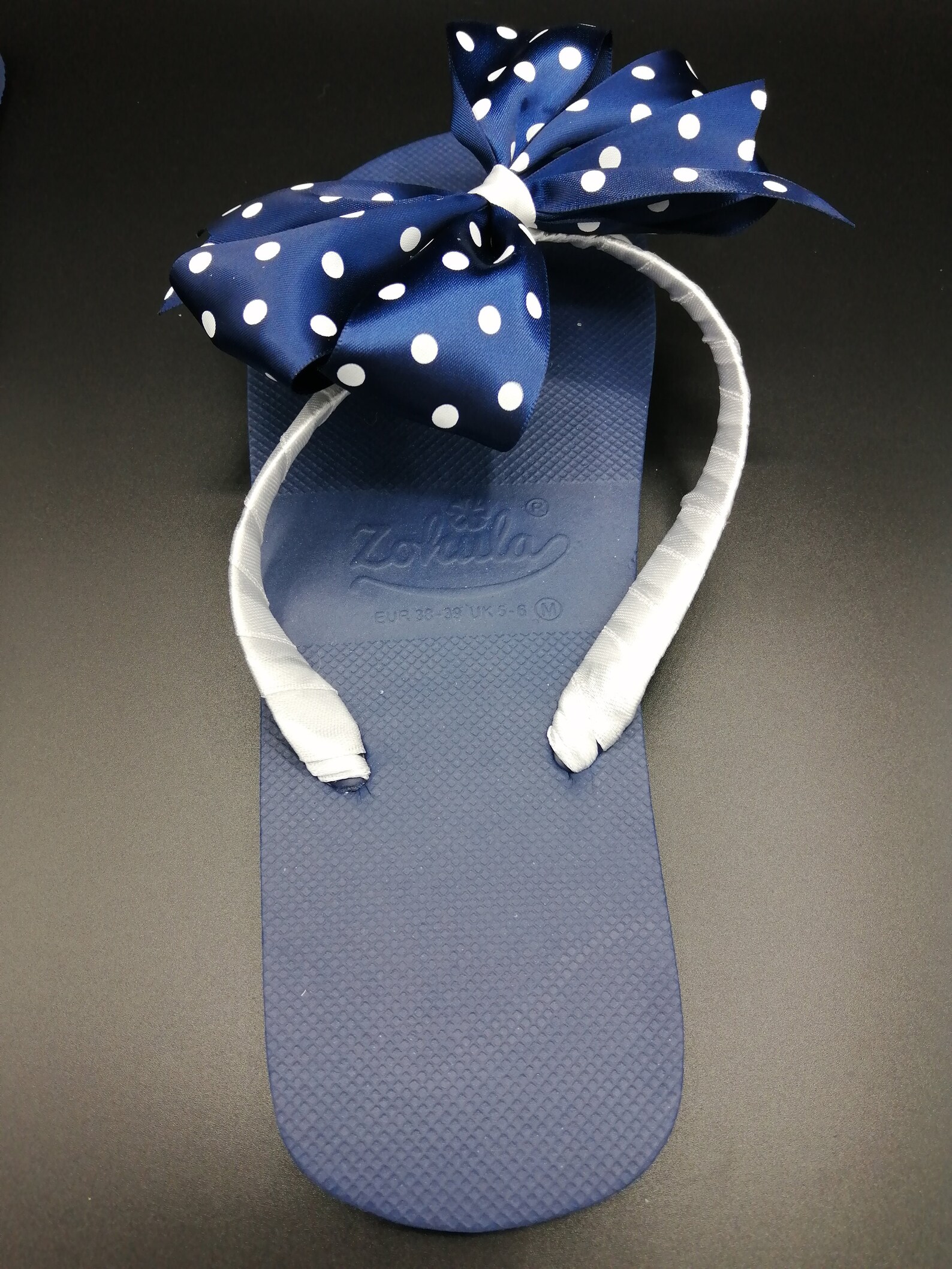 Navy Blue Ladies Flip-Flops with Handmade Polka Dot Bow with | Etsy