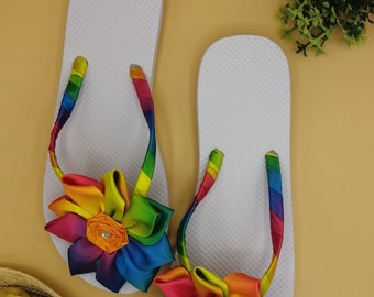 Many Styles Rainbow Flip-Flops with Handmade Bow and Strap Decoration - Beachwear - NHS Rainbow - Spring Footwear - Girls Footwear - Pride