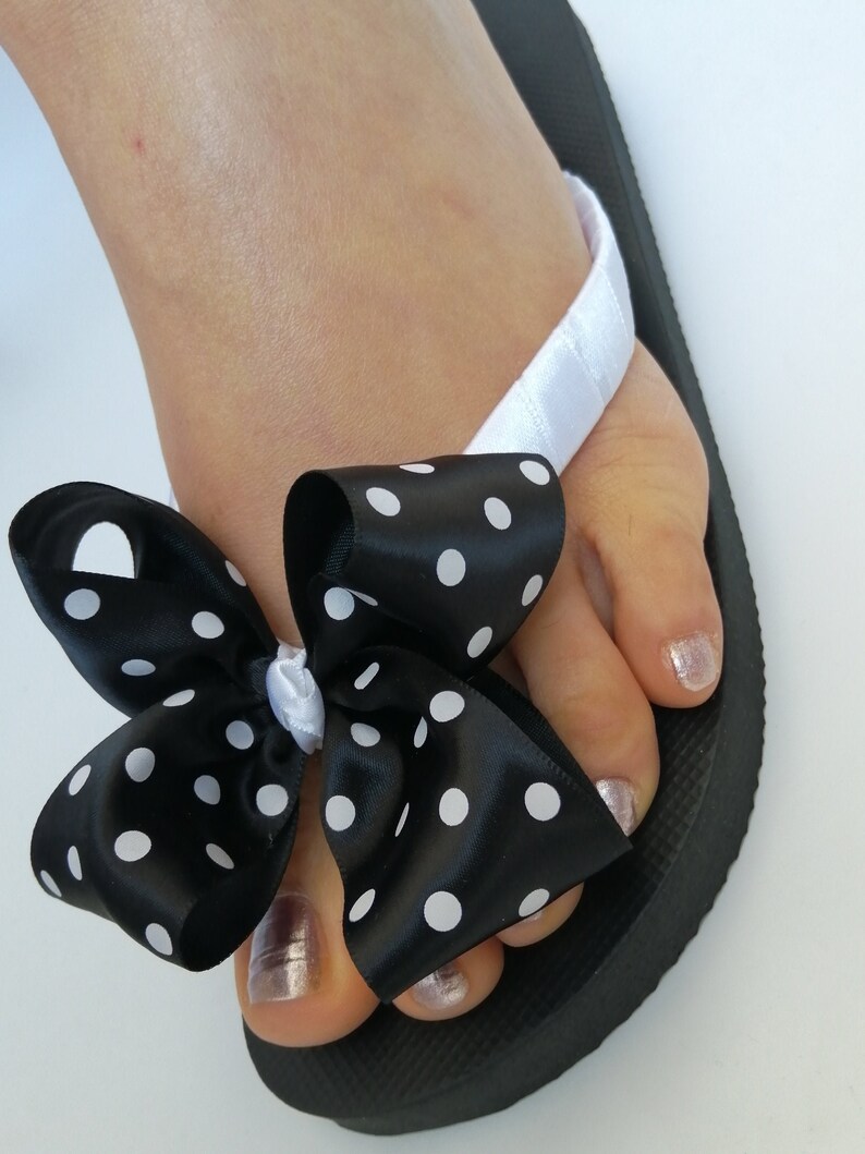 Black Flipflops With Handmade Polka Dot Bow and White Strap Etsy