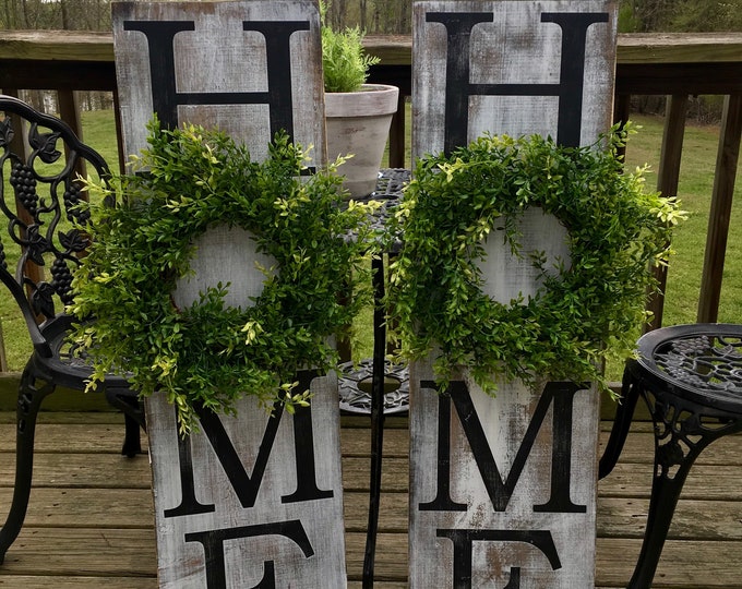Vertical HOME Sign Wooden Sign Wall Decor With Wreath Farmhouse Rustic