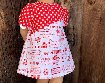 RED/WHITE "Farmer's Market" VINTAGE style dress and tote fits American Girl and Generation doll