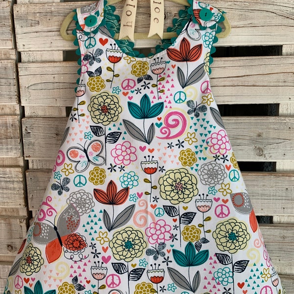 FLOWER GARDEN dress- Retro REVERSIBLE pinafore- Size 4-5