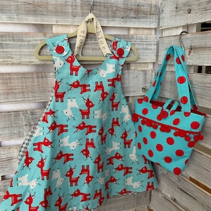 RUDOLPH dress and DOTS tote - Retro REVERSIBLE toddler with coordinating tote  - size 2-3 T