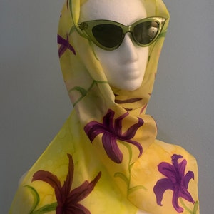 PURPLE IRIS BLOOMS hand painted silk scarf