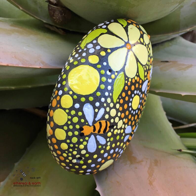 Painted Rock Hand Painted Rock Bee Motif Bee Art Painted | Etsy
